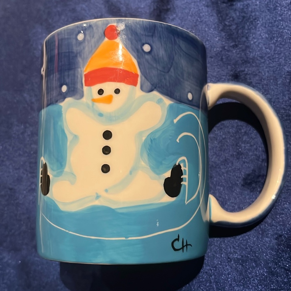 Large Le Gourmet Chef Handpainted Holiday Coffee Mug with Skating Snowman